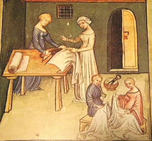 Four women sewing linen clothes from The Tacuinum Sanitas of Vienna late 14th century