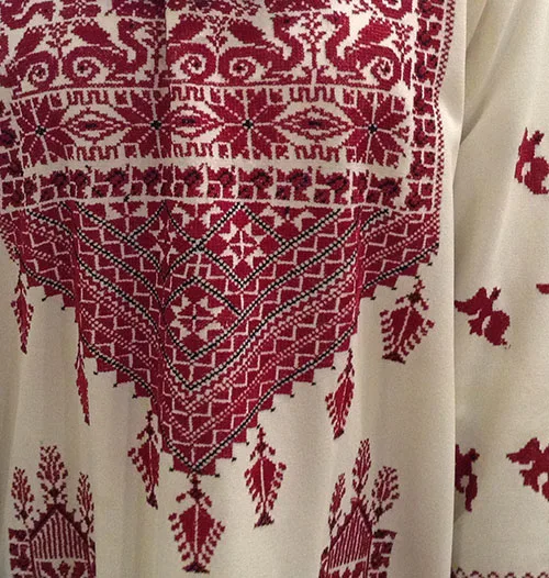 Delicate needlework on woman’s dress