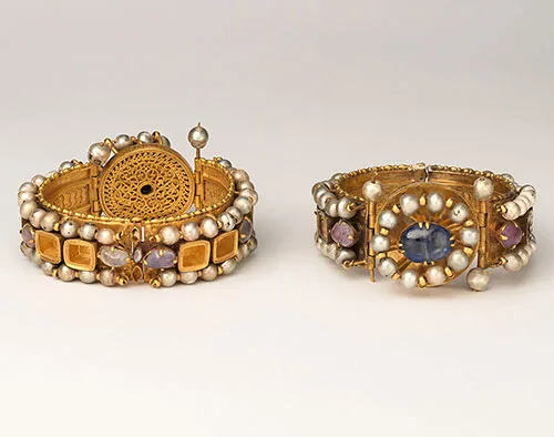 Pair of original Byzantine gold bracelets decorated with pearls and gems dated 500-700 A.D.