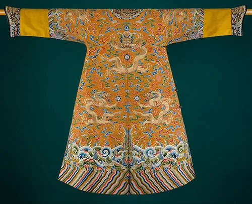 Men’s yellow festive dragon robe jifu pao, China, 2nd half of 18th century