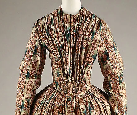 American cotton morning gown, fan-pleated dress, 1840